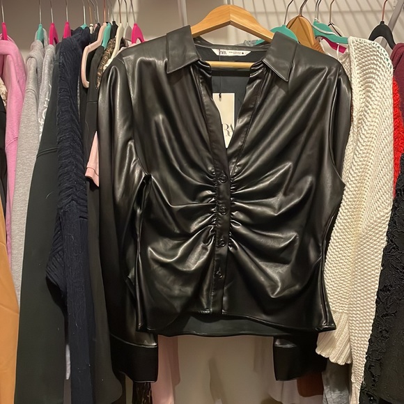 ZARA Faux Leather Button Down Shirt - Picture 4 of 6